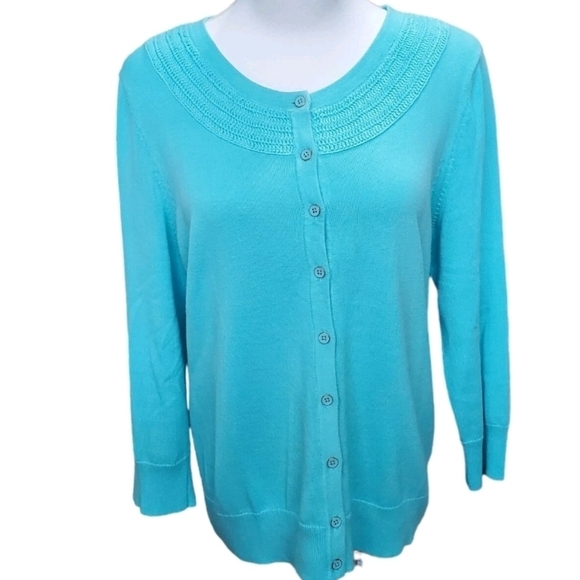 Talbots Cardigan Sweater Womens L Blue Button Up Crocheted Neckline - Picture 3 of 8